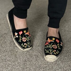 black suede Johnny Was embroidered espadrille slip-ons